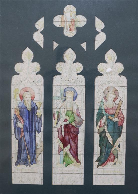 Five assorted stained glass window designs, largest 39 x 25cm